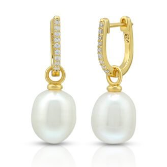 Pearl Drop Hoop Earrings – 925 Sterling Silver, 18K Gold-Plated