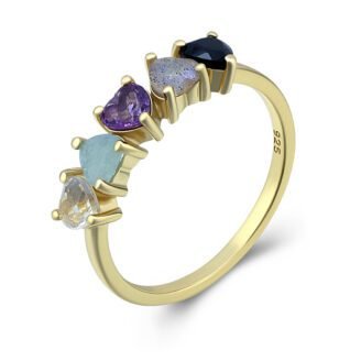 4mm Multi Heart Birthstone Ring – 925 Sterling Silver, 14K Gold-Plated