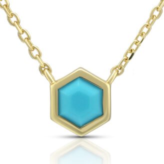 14K Gold Plated Hexagon Turquoise Pendant Necklace – 925 Sterling Silver (5mm Synthetic Turquoise)